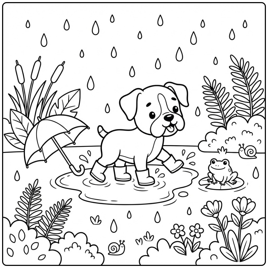 Een vrolijke kleurplaat boxer hond in de regen met laarsjes aan.