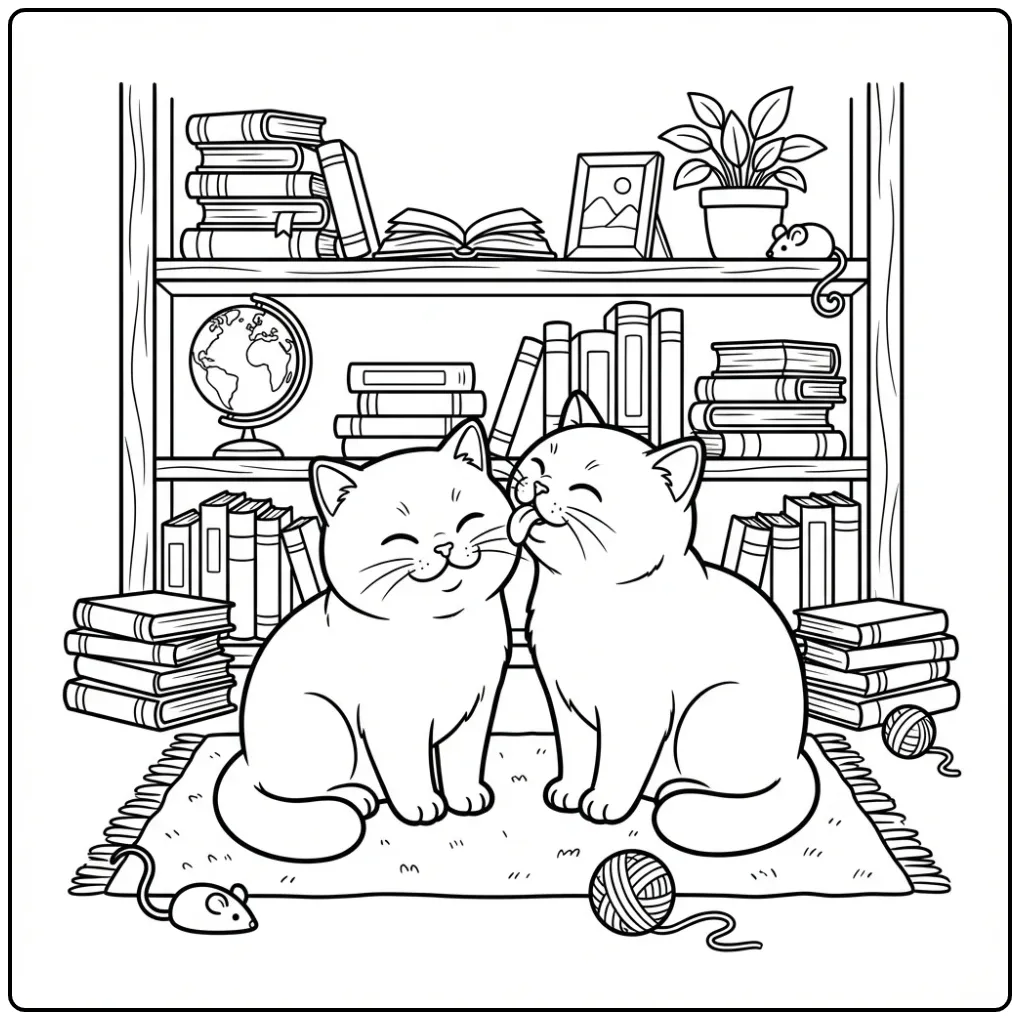 Kleurplaat britse korthaar van twee wassende katten.