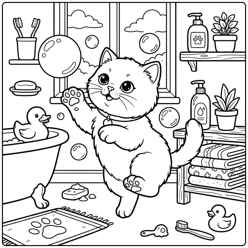 Een leuke kleurplaat britse korthaar kitten met zeepbellen.