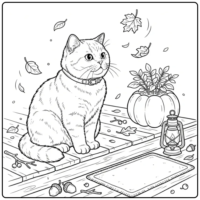 Herfst kleurplaat britse korthaar met pompoen en blaadjes