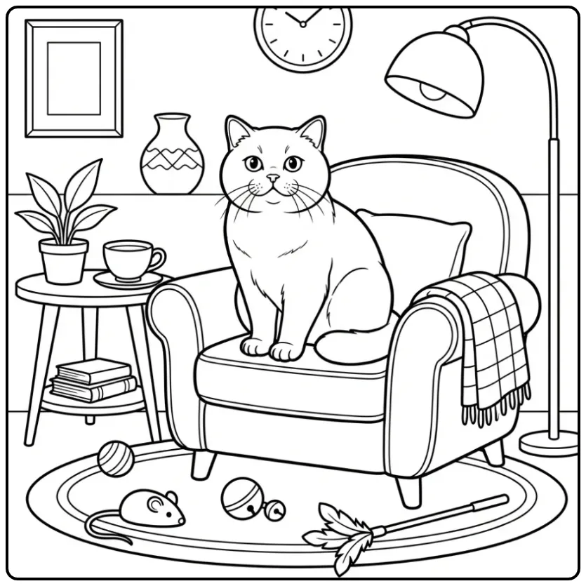 Mooie kleurplaat britse korthaar met speeltjes