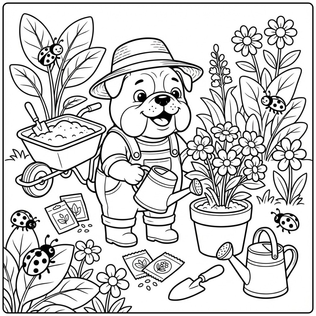 Leuke kleurplaat bulldog als een tuinier met een gieter.