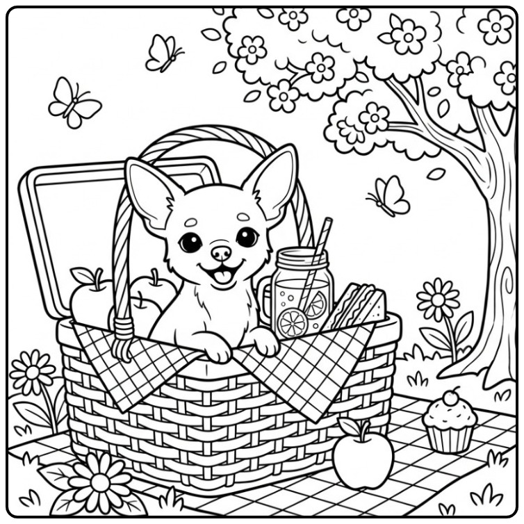 Een vrolijke kleurplaat chihuahua in een picknickmand buiten.