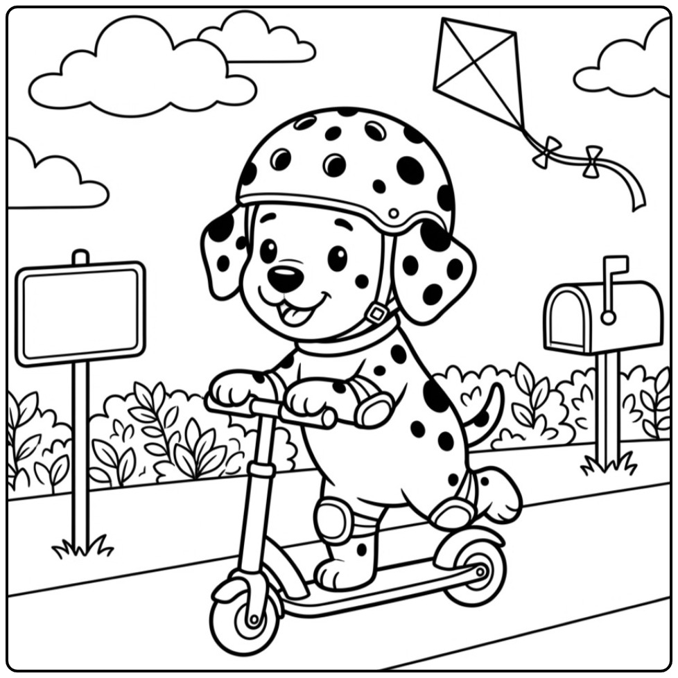 Vrolijke kleurplaat dalmatier op een step met een helm.