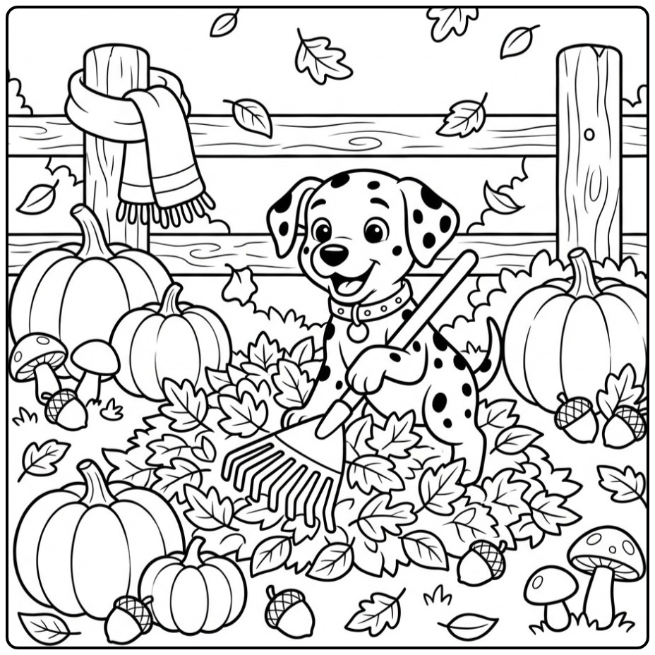 Vrolijke kleurplaat dalmatier die bladeren harkt in de herfst.