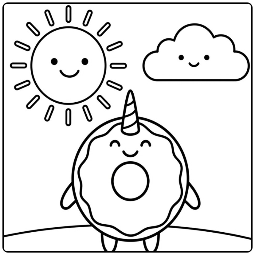 Een vrolijke kleurplaat donut unicorn met een lachende zon.