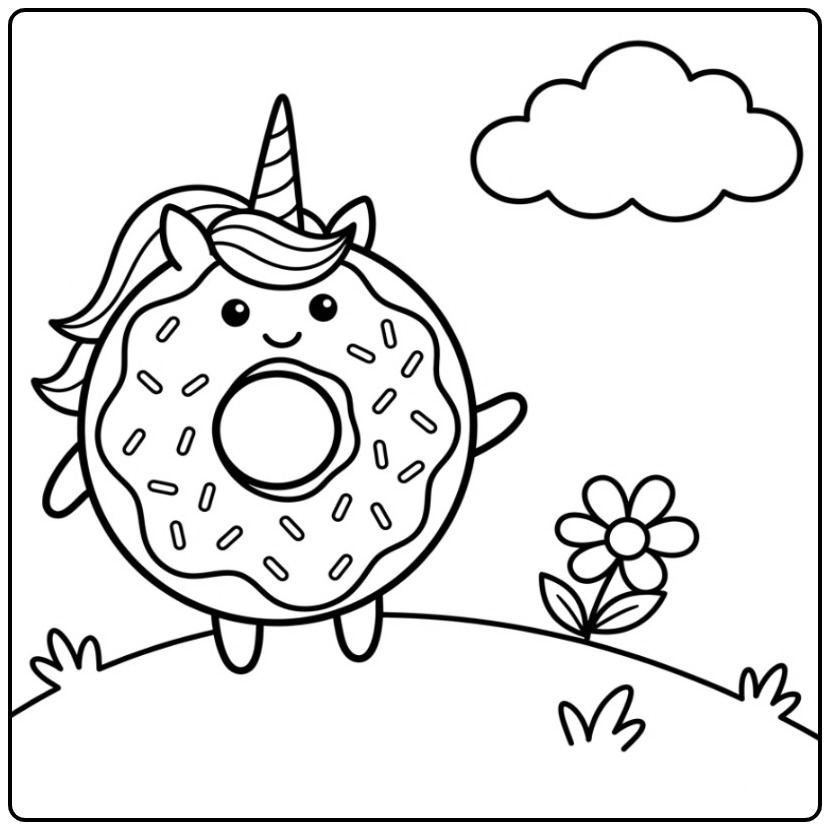 Vrolijke kleurplaat donut unicorn staand op een groene heuvel.