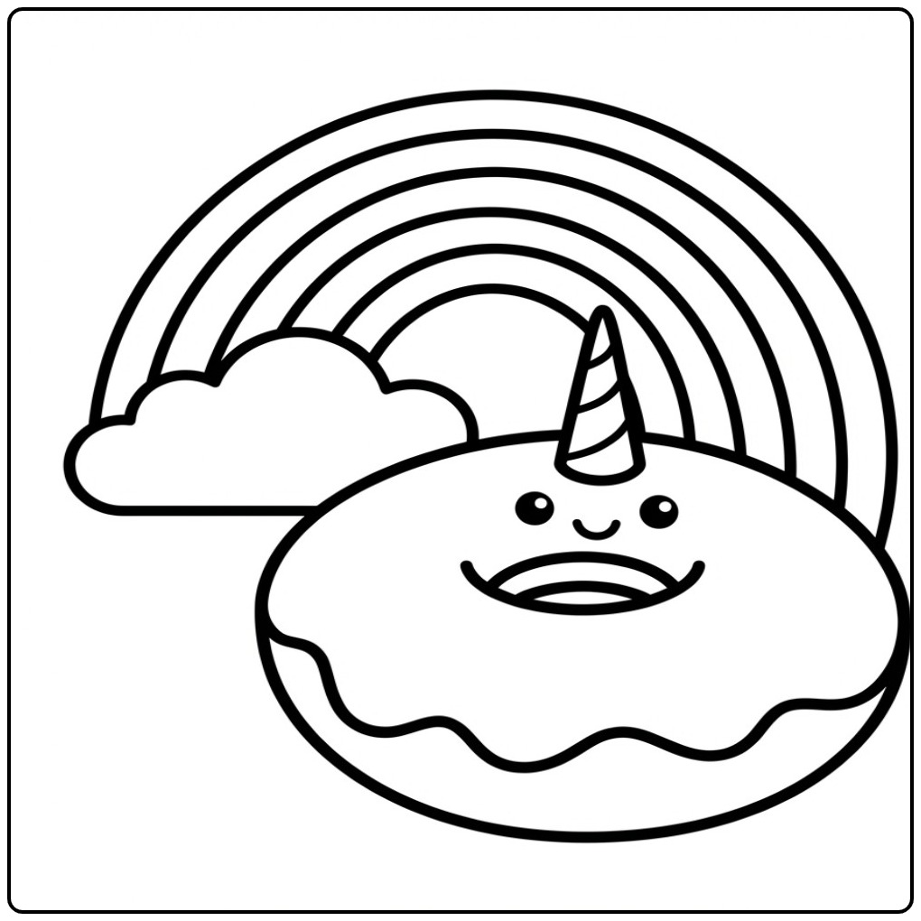 Een vrolijke kleurplaat donut unicorn met een grote regenboog.
