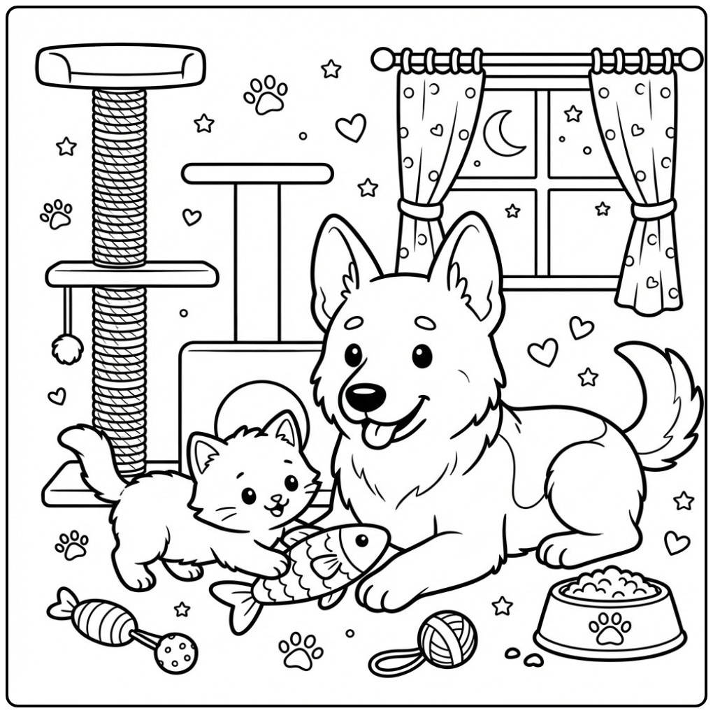 Vrolijke kleurplaat duitse herder met een speels katje.