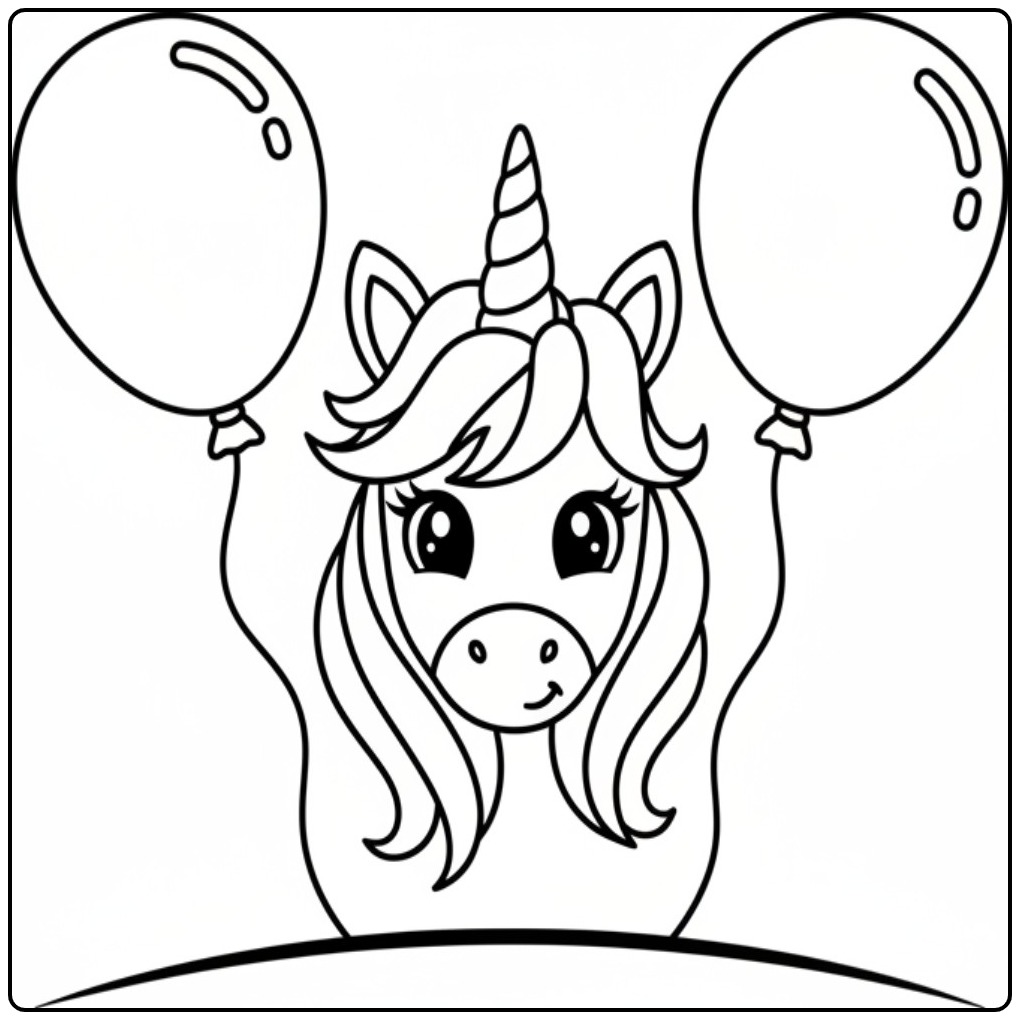 Vrolijke kleurplaat eenhoorn hoofd met twee feestballonnen.