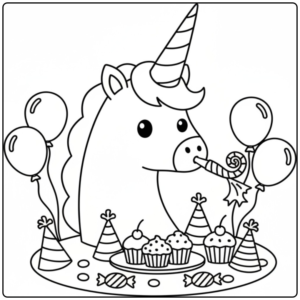 Een leuke Kleurplaat eenhoorn hoorn verjaardag met cupcakes.