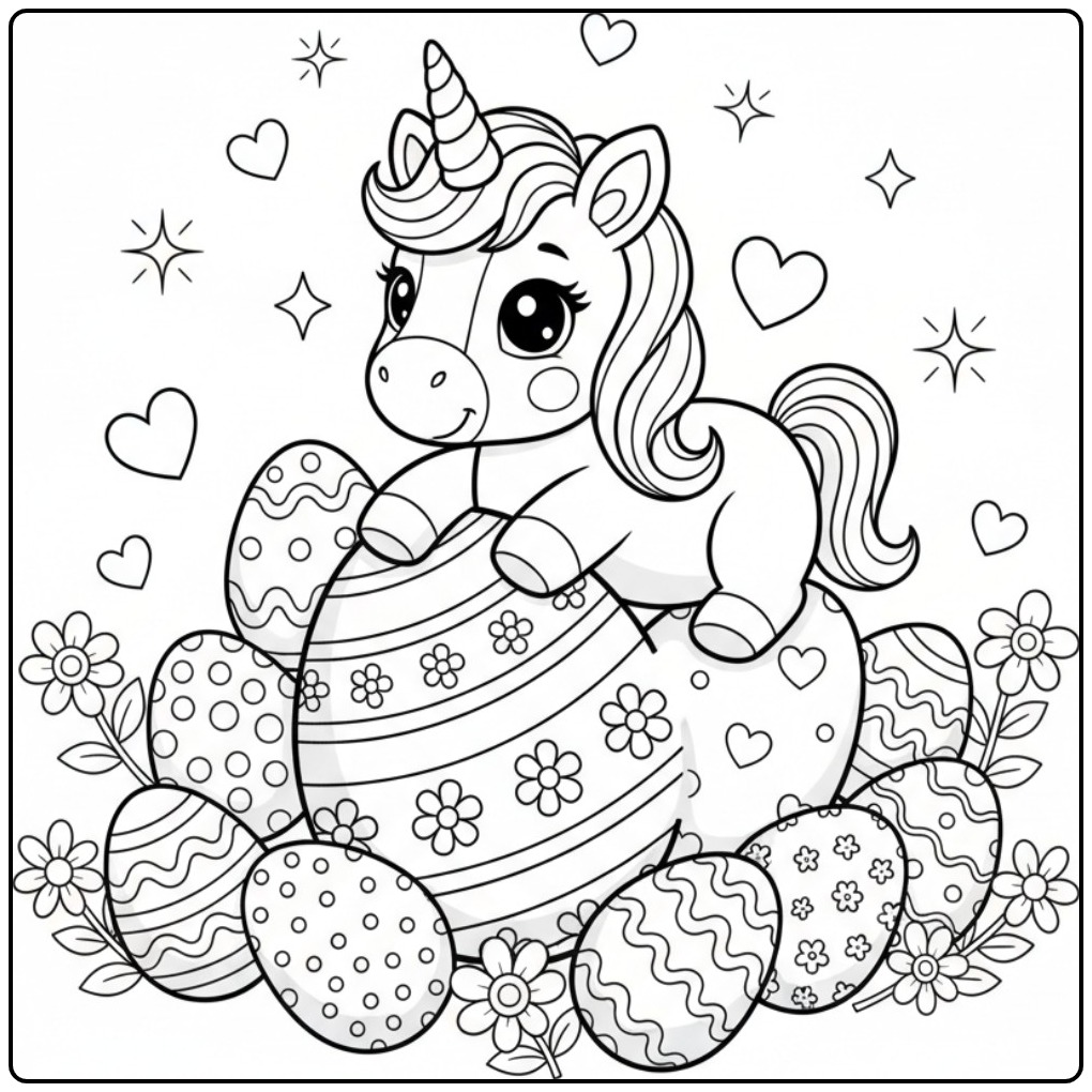 Kleurplaat eenhoorn met hartjes voor Pasen en vrolijke eieren.