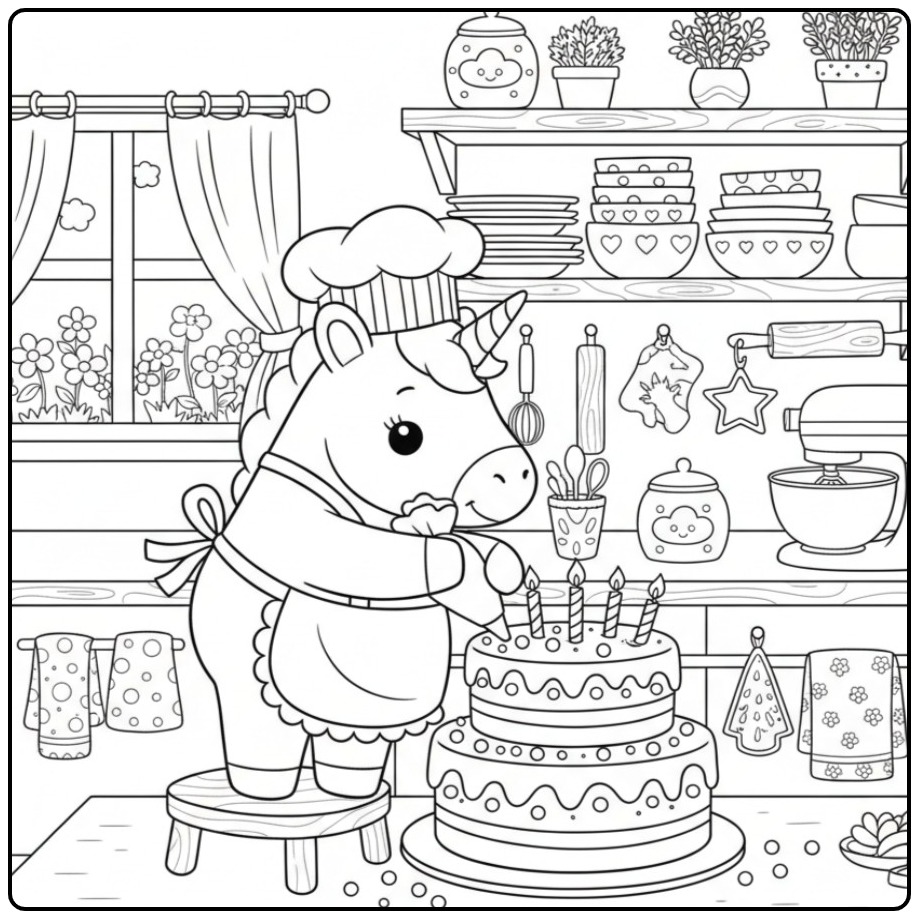 Vrolijke Kleurplaat eenhoorn met verjaardagstaart in keuken.