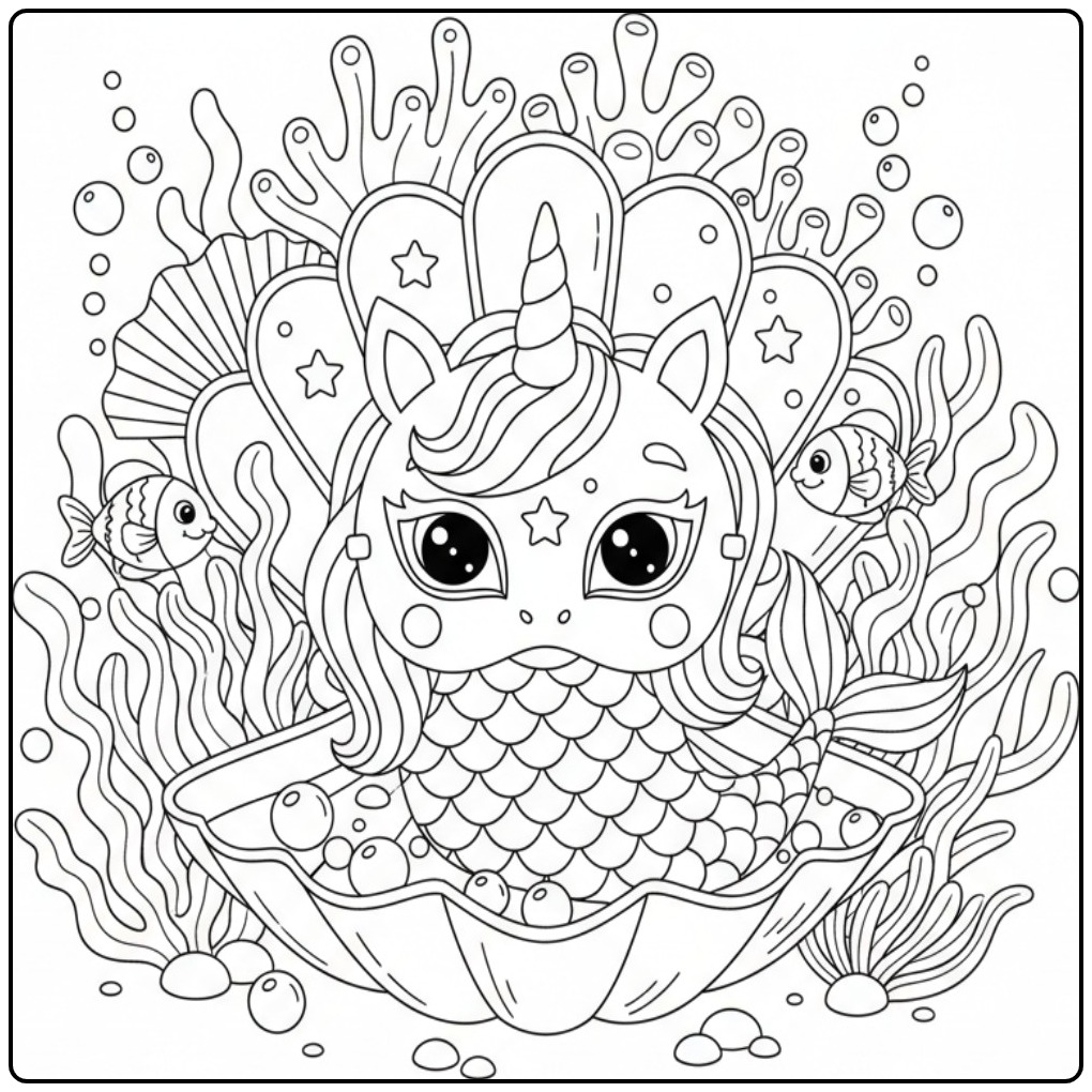 Kleurplaat eenhoorn zeemeermin masker in schelp met vissen en zeewier.