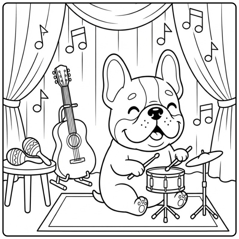 Vrolijke kleurplaat franse bulldog die muziek maakt op het podium.
