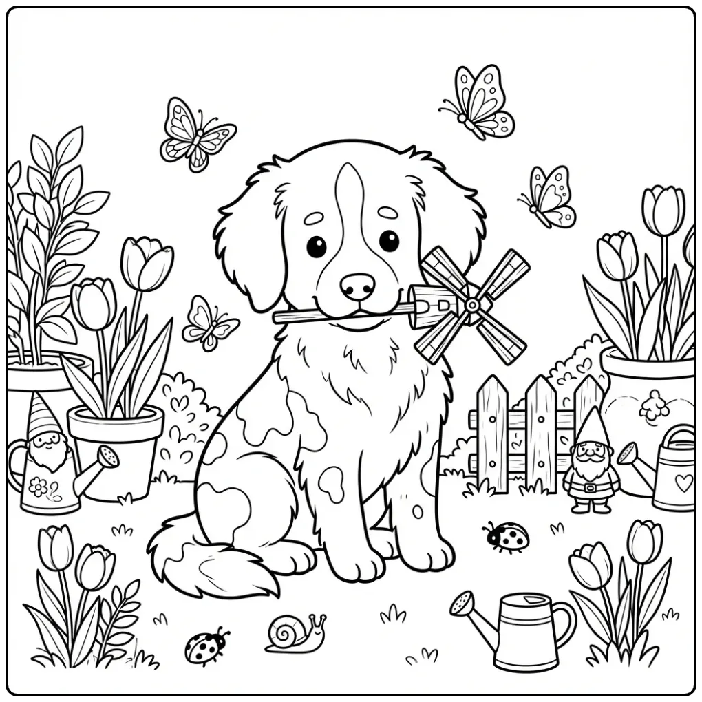 Speelse kleurplaat friese stabij pup in de tuin.