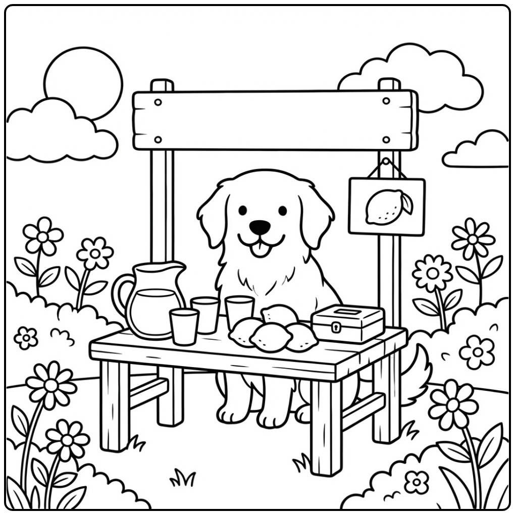 Vrolijke kleurplaat golden retriever met een limonadekraam.