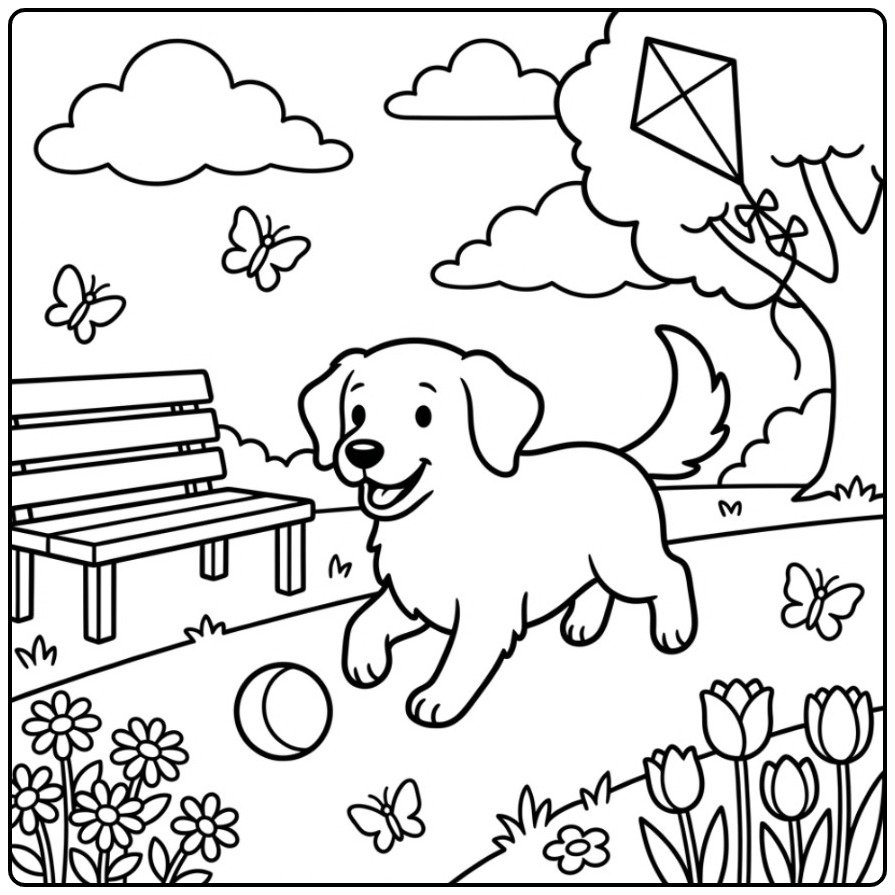 Vrolijke kleurplaat golden retriever spelend in het park.