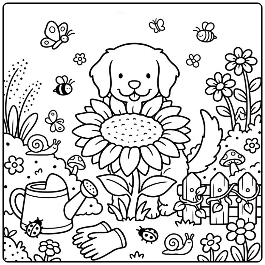 Vrolijke kleurplaat golden retriever in een tuin vol bloemen.