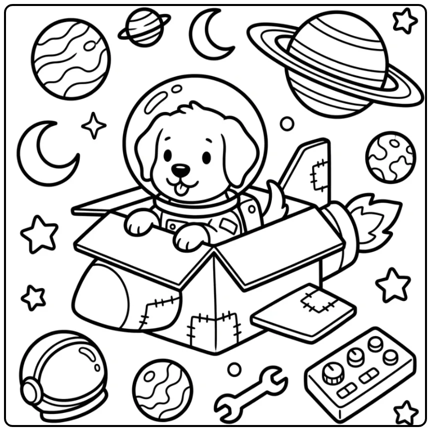 Kleurplaat golden retriever puppy in een kartonnen raket