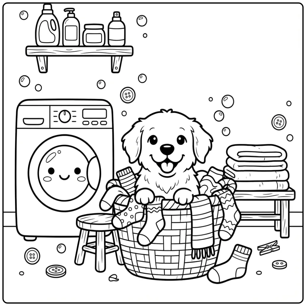 Kleurplaat golden retriever puppy in wasmand met sokken.