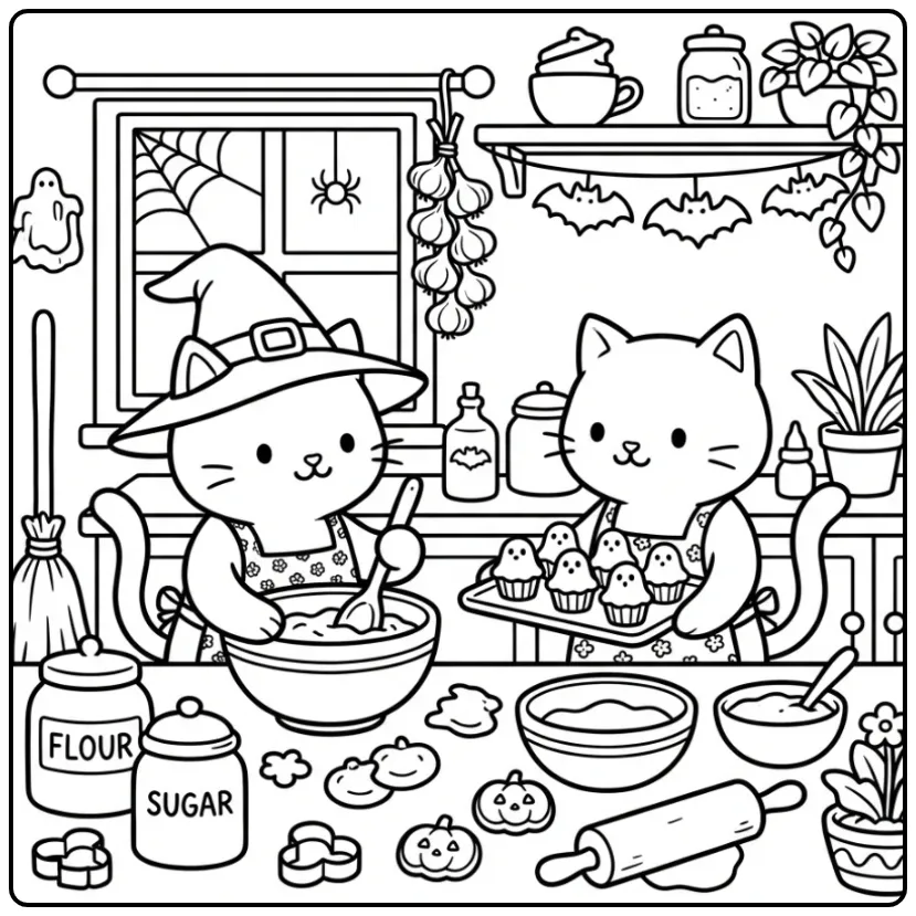 Leuke kleurplaat halloween kat bakt enge cupcakes.