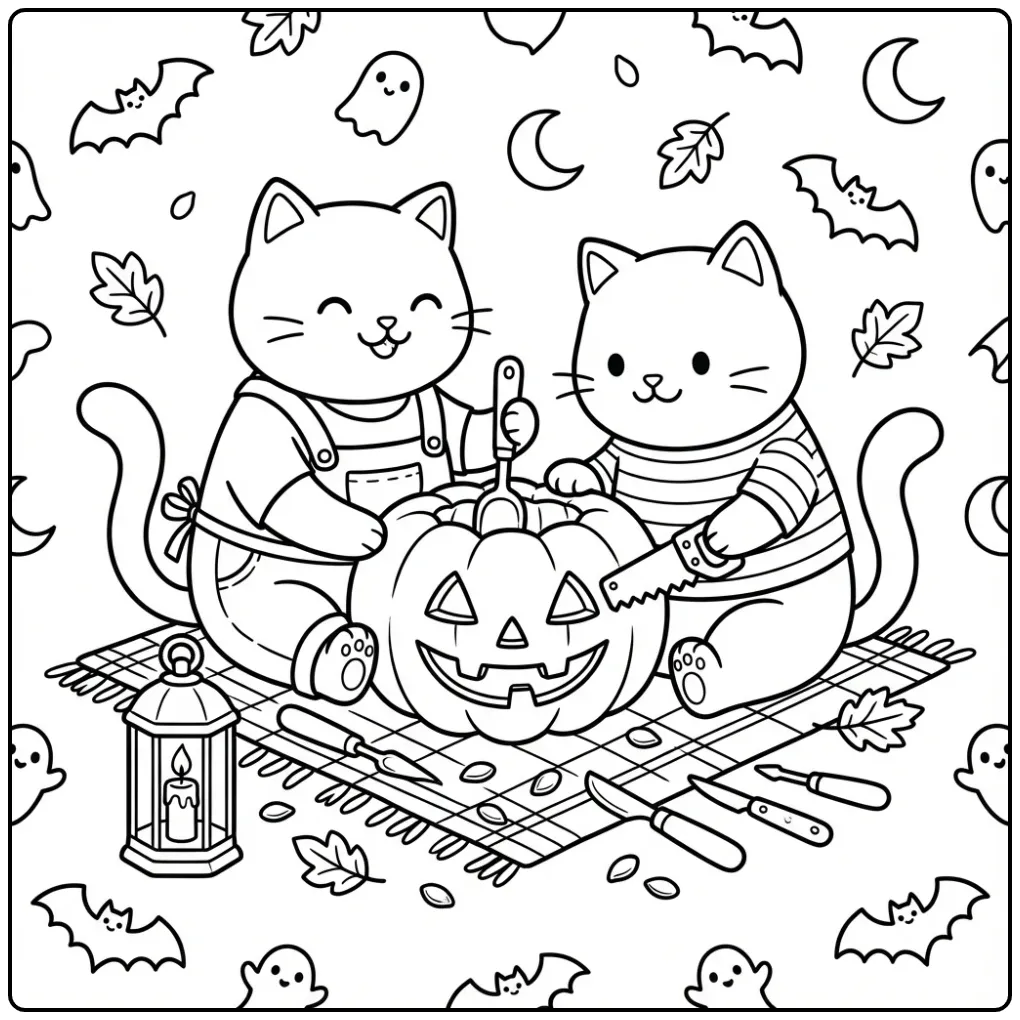 Leuke kleurplaat halloween kat en vriendje snijden een pompoen.