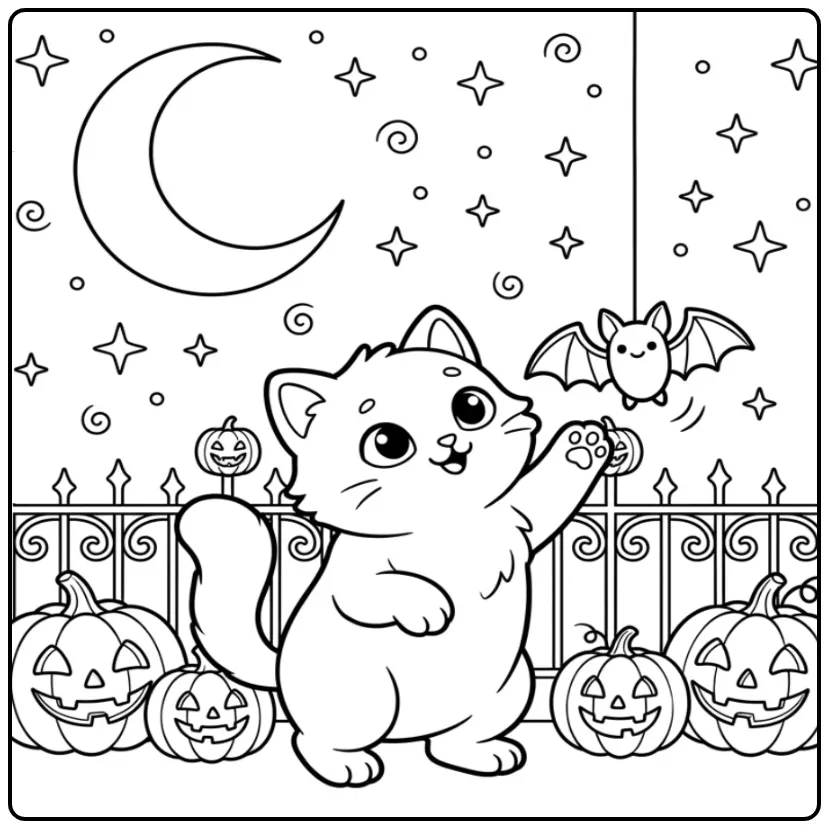 Speelse kleurplaat halloween kat onder de maan met sterren