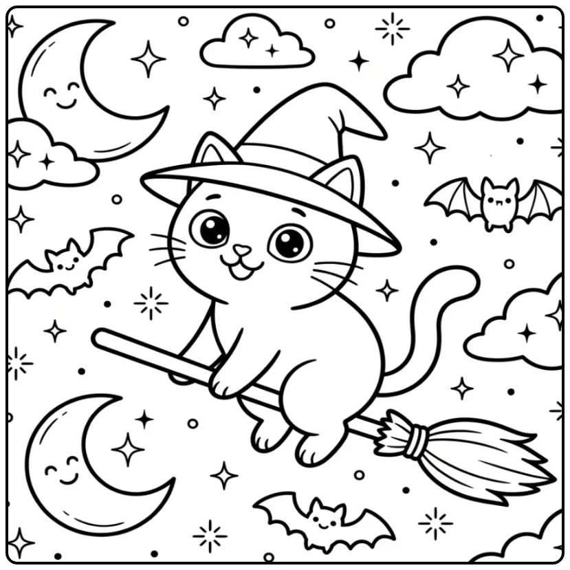 Vliegende kleurplaat halloween kat tussen sterren en maan