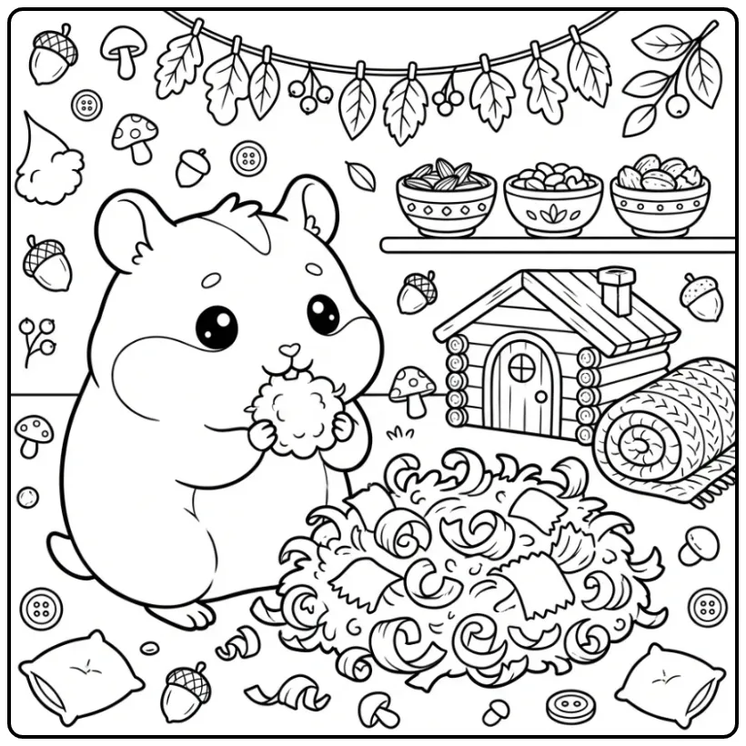 Kleurplaat hamster bouwt een zacht nestje met wol.