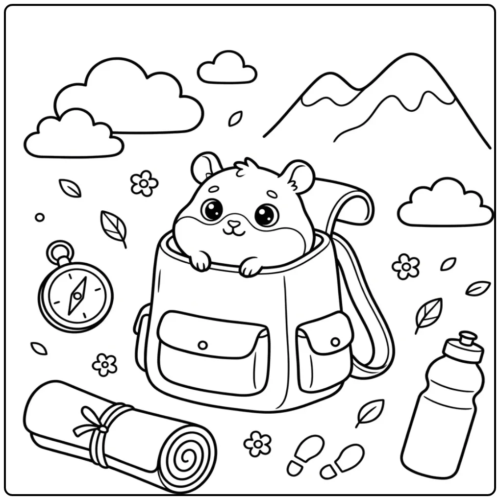 Avontuurlijke kleurplaat hamster met wandelspullen.