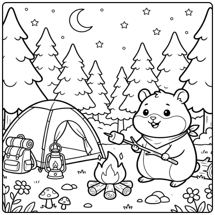 Kleurplaat hamster roostert marshmallow bij de tent.