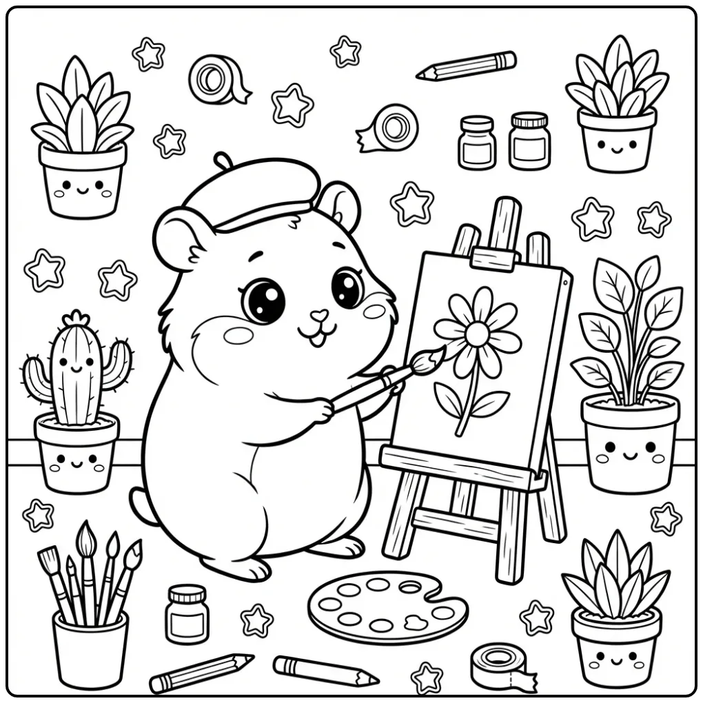 Een creatieve kleurplaat hamster achter een schildersezel.
