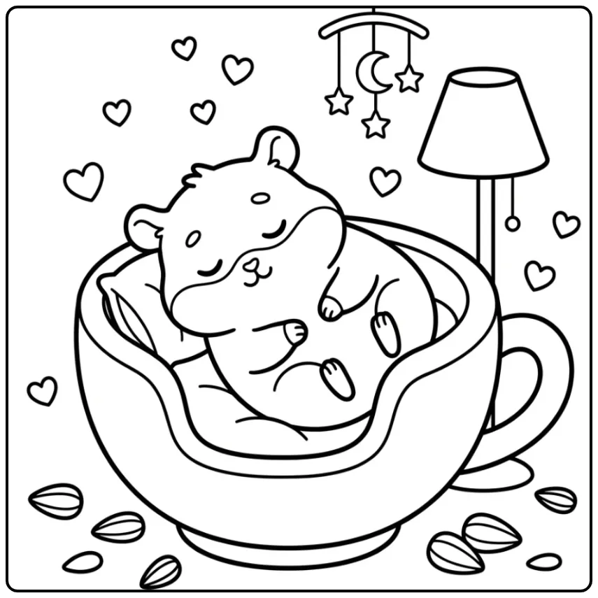 Een lieve kleurplaat hamster die krult in een theekopbed.