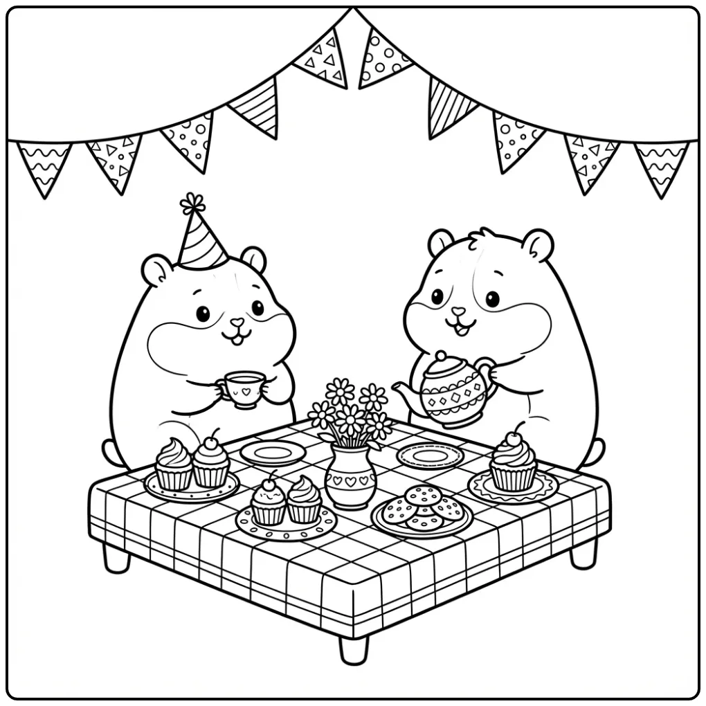 Kleurplaat hamster met theepot en taartjes aan tafel.