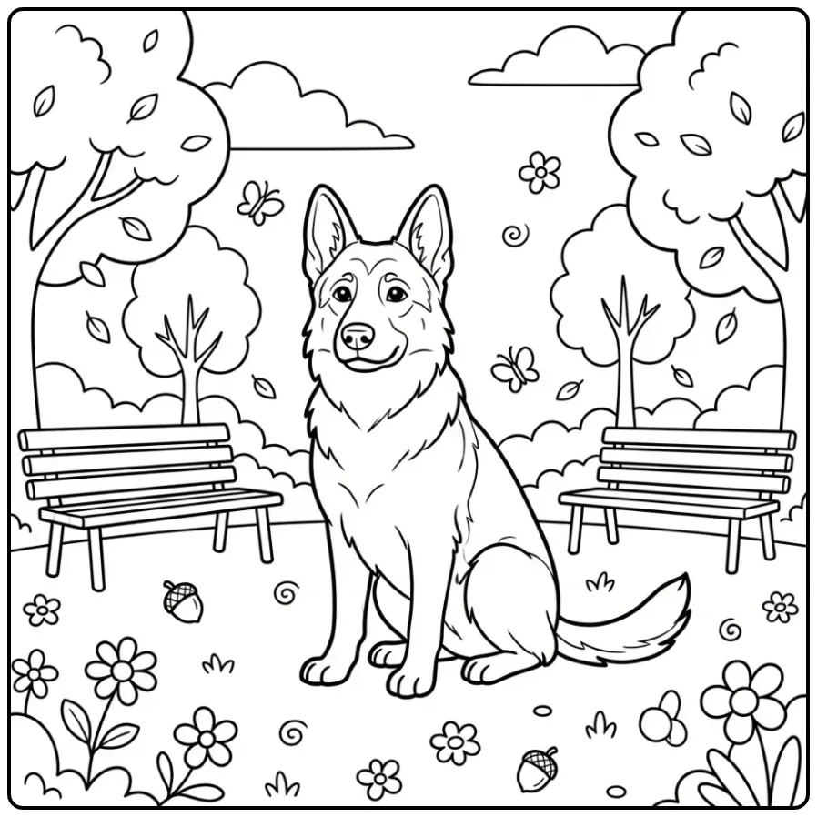 Leuke kleurplaat hond: Duitse Herder in een herfstpark.