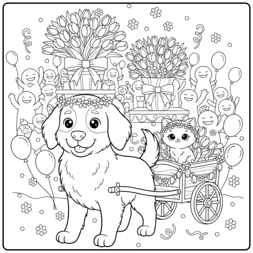 Een vrolijke kleurplaat hond en kat in een wagentje met tulpen.