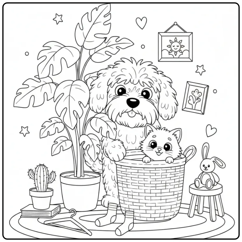 Een vrolijke kleurplaat hond en kat die verstoppertje spelen.