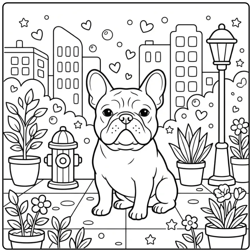 Franse Bulldog op stoep kleurplaat hond met hartjes