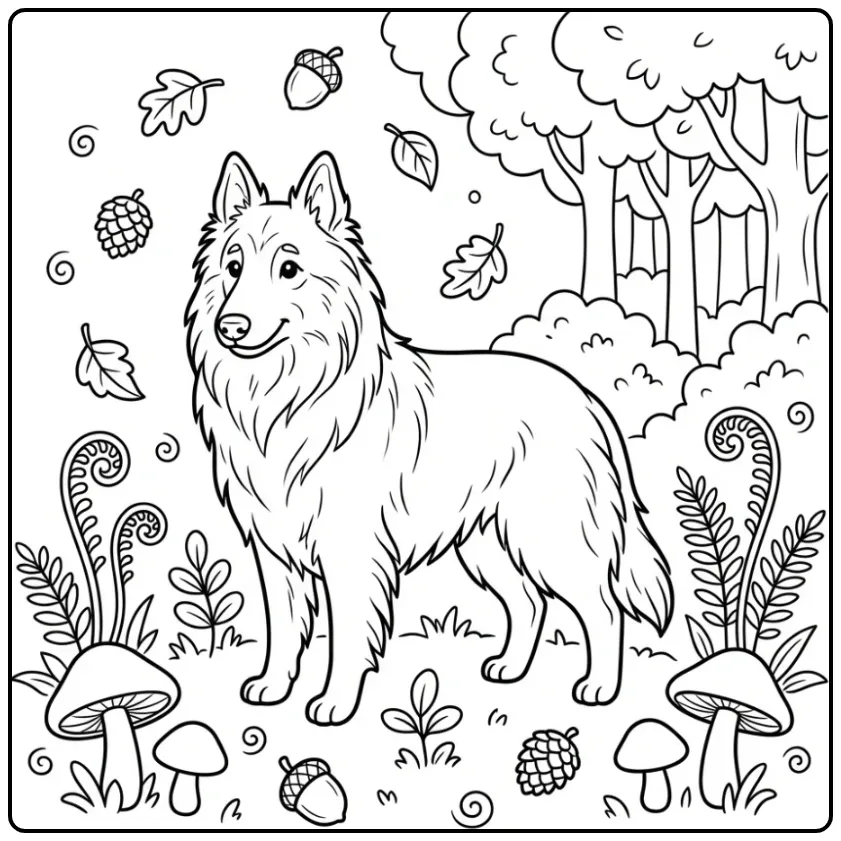 Een leuke kleurplaat hond Belgische herder met paddenstoelen.