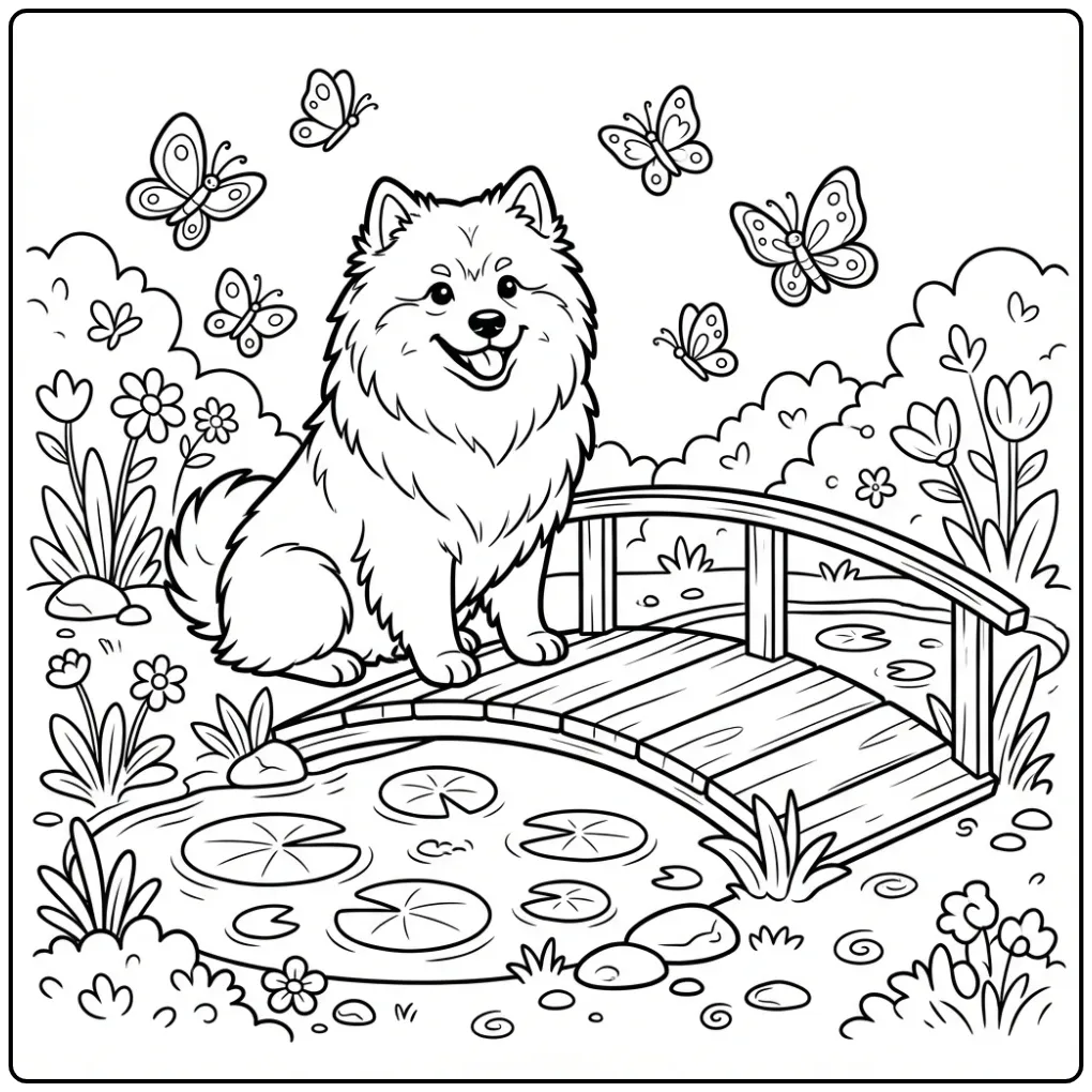 Vrolijke Keeshond kleurplaat hond bij een vijver.