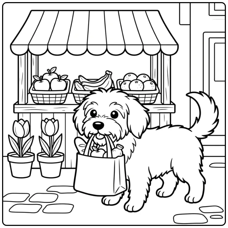 Een vrolijke kleurplaat hond makkelijk op de weekmarkt.