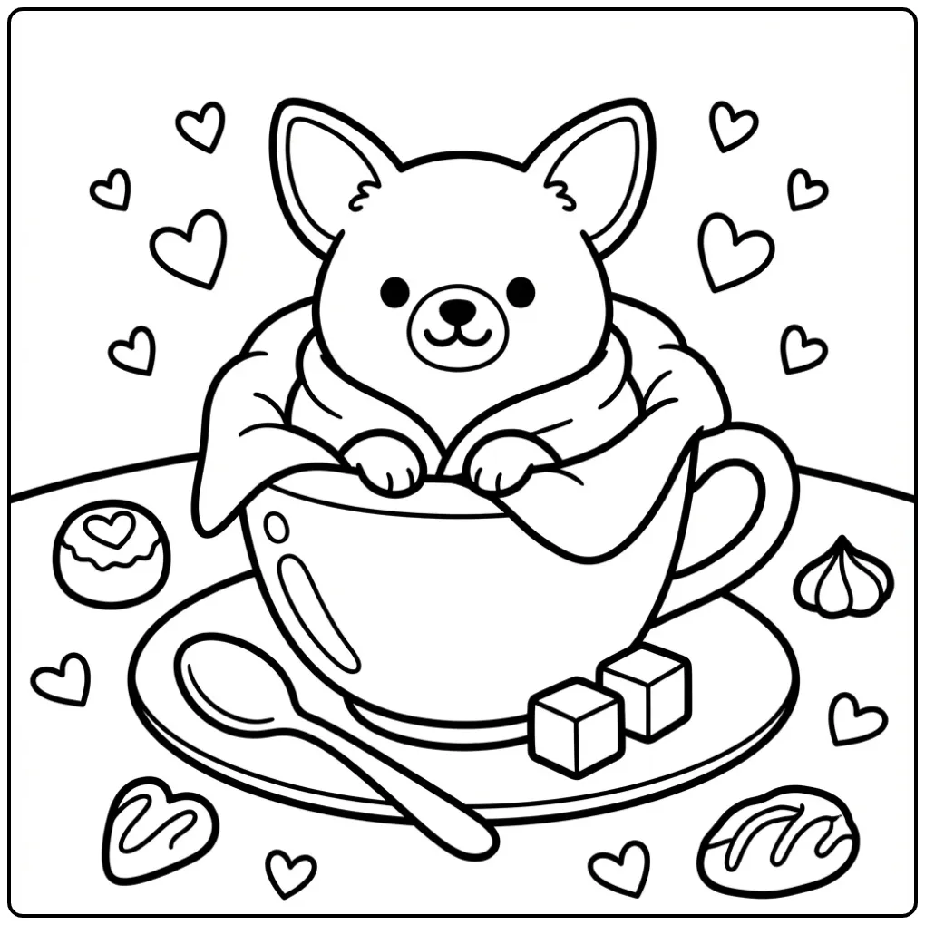 Een lieve kleurplaat hond makkelijk van een chihuahua in een theekopje.