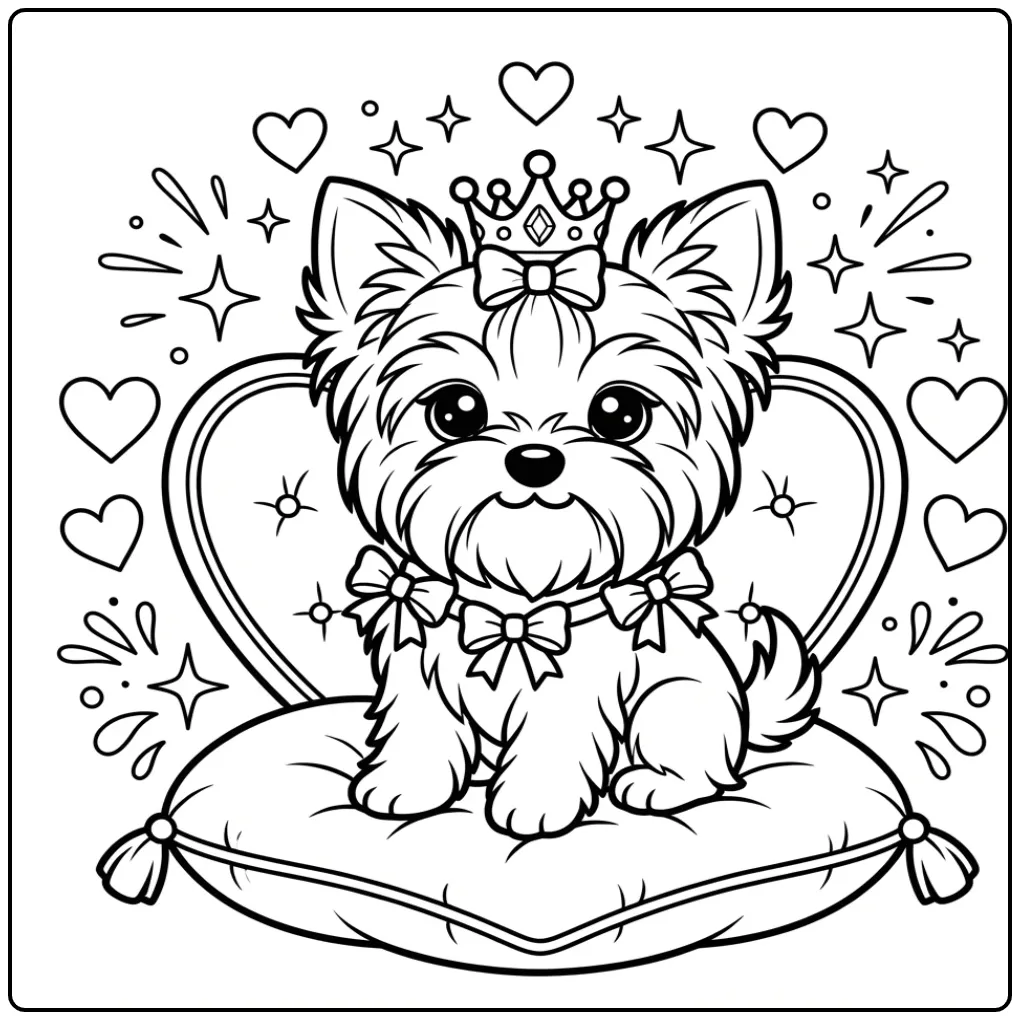 Een koninklijke Yorkshire Terrier op een hartentroon kleurplaat hond met hartjes.