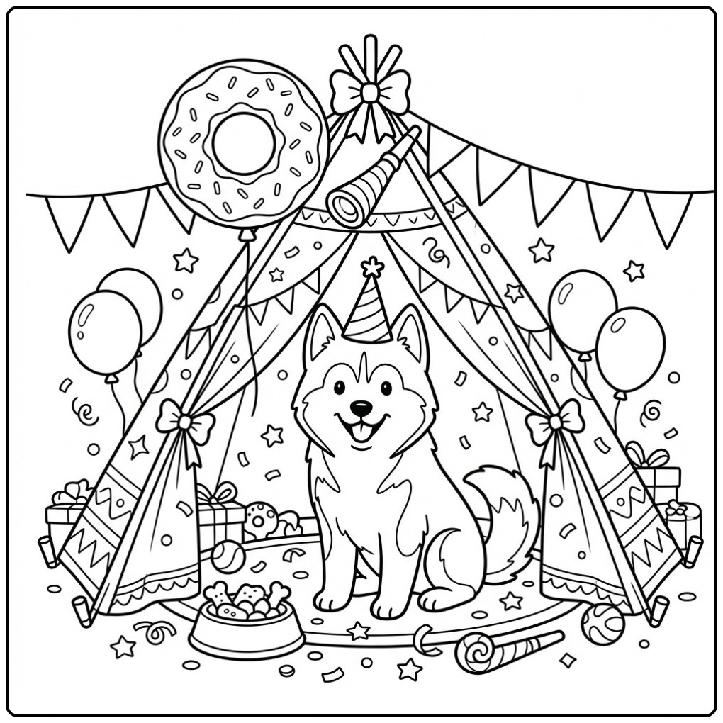 Vrolijke kleurplaat hond verjaardag met husky en feesttoeter.