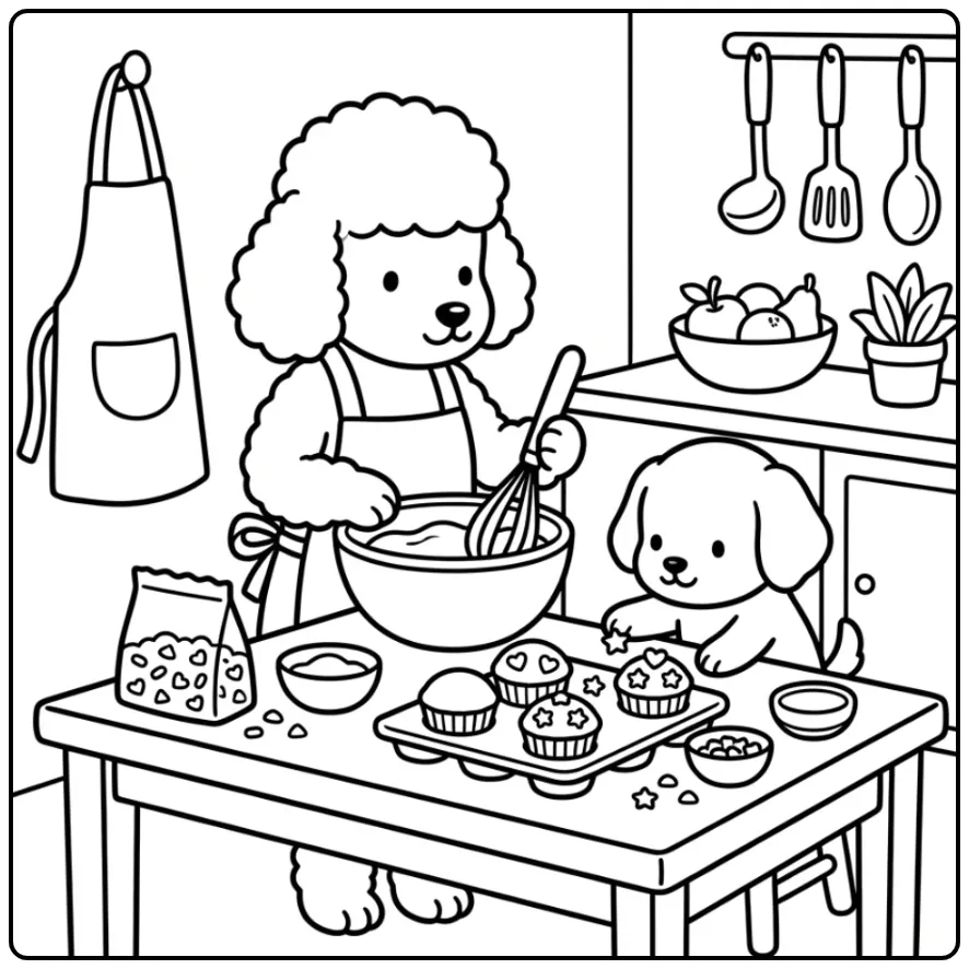 Vrolijke kleurplaat honden puppies in de keuken bakken.