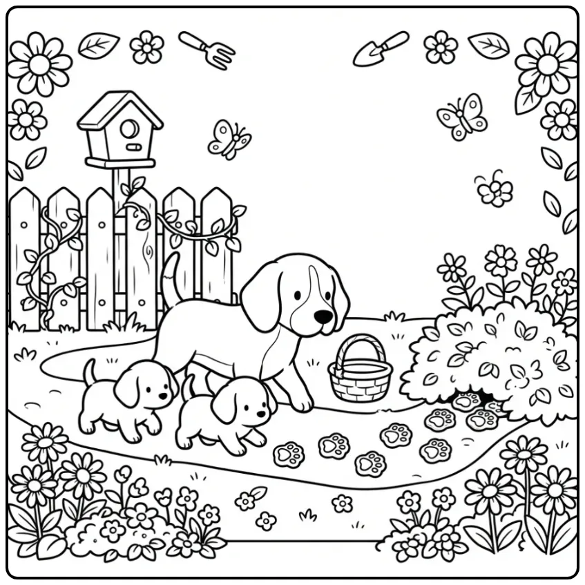 Beagle en kleurplaat honden puppies zoeken koekjes in tuin.