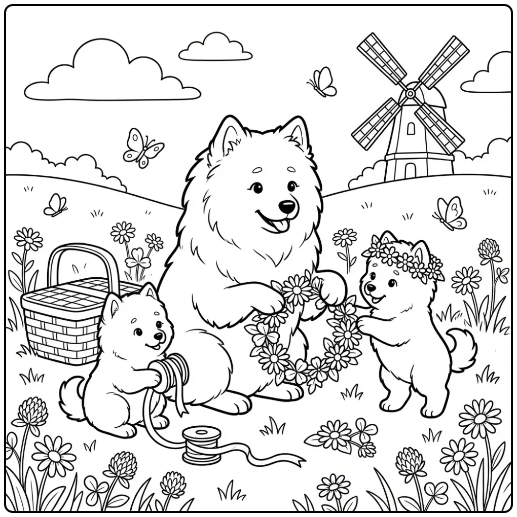 Kleurplaat honden puppies maken kransen van madeliefjes