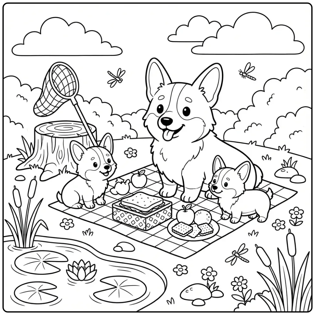 Corgi familie kleurplaat honden puppies picknick.