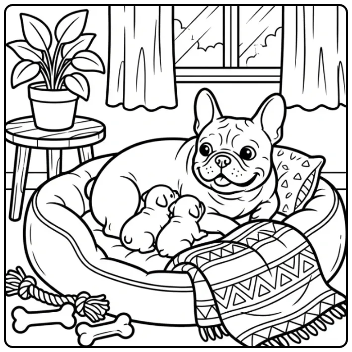 Lieve Franse bulldog kleurplaat honden puppies in mand.